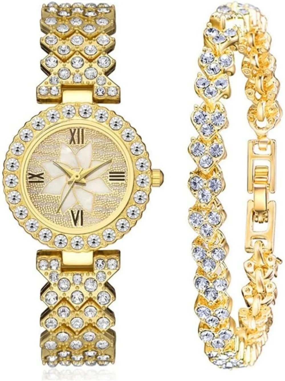Women's Gold Analog Set Quartz Steel Band Diamonds Bracelets Luxury Wrist Watch